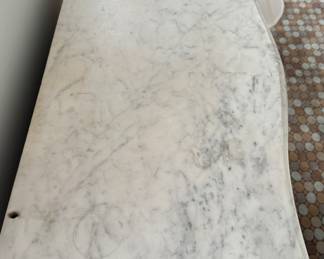 Antique Mahogany Marble Top Two-Door Cabinet with Serpentine Drawer and Glass Pulls. Measures 33" W x 16" D x 29.5" H. Photo 2 of 2.