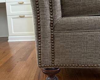 Pair of Plunkett Home Furnishings Tight Back Lounge Chairs with Nail Head Trim and Turned Wood Feet. Measures 40" W x 38" D x 38" H. Photo 5 of 5.