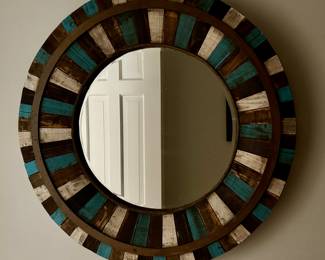 Reclaimed Wood Oval Mirror. Measures 30" D.