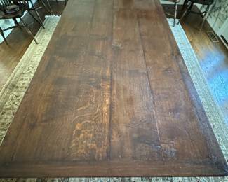 Vintage Queen Anne Style Oak Farm Table with Pad Feet and Two Self-Storing Pull Out Leaves. As Shown Measures 42" W x 80" x 30" H. Extends to 122" With Two 21" Hidden Leaves. Photo 4 of 5.