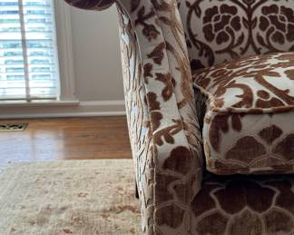 Velvet Damask Upholstered Chippendale-Style Down-Filled Sofa. Measures 76" W x 34" D. Photo 3 of 4.