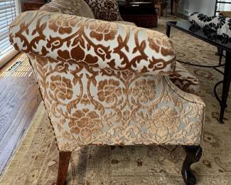 Velvet Damask Upholstered Chippendale-Style Down-Filled Sofa. Measures 76" W x 34" D. Photo 2 of 4.