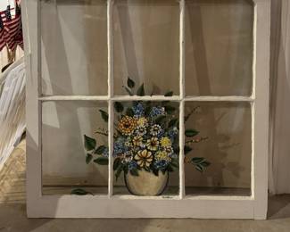 Window Pane with Hand-Painted Floral Arrangement.