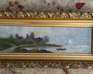 Vintage Oil Painting of Harbor, David Young Cameron. Oil on Board. Signed By Artist. Measures 15.3/4" x 4.5" without frame; 20" x 9" Including Frame. Photo 1 of 2.