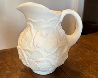 Vintage Fenton Water Lily White Satin Milk Glass Pitcher.