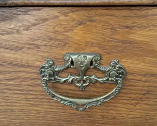 Antique Six-Drawer Oak Chest of Drawers with Serpentine Top & Brass Pulls. Measures 33" W x 20" D x 45" H. Photo 3 of 3.