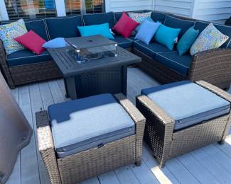 Blue Rattan Wicker Patio Furniture Set (not including throw pillows & fire pit),  $799