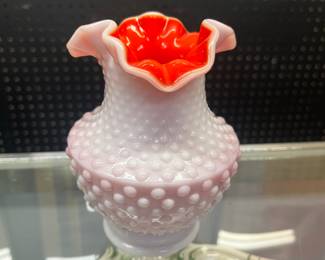 Fenton Style vase with hobnail and milk glass glaze