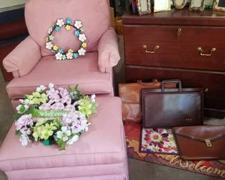 Pink moire club chair and ottoman. Clean, like new, file cabinet. 