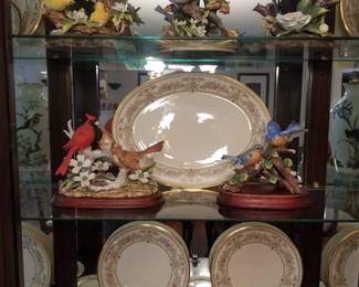 Various bisque bird figures, 17" Lennox Castle Garden platter. 