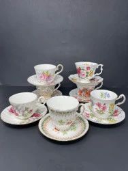 Seven Porcelain Fine China English Cups Saucers