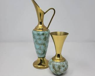 MCM Delft Holland Aqua Marbled with Brass Vase Pitcher