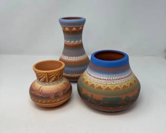 Trio of Navajo Dineh Etchware Pottery Arlene Begay