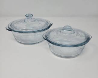 Pair Small Clear Blue Fire King Lidded Dishes