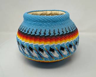 Bernice Benally Native American Beaded Feather Pot