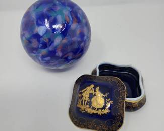 Blue Decor Limoges Trinket Box  Spotted Glass Orb