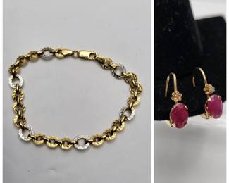 Gold 10k Links Bracelet 14k Ruby Earrings  Total 6gr