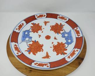Old 14in Chinese Porcelain Plate Maker Mark Teak Platter