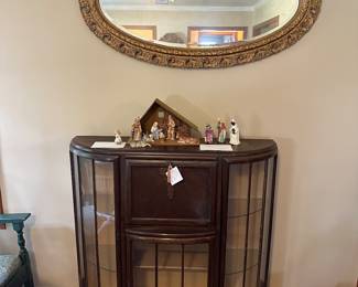 Curio Cabinet & Ornate Gold Mirror 