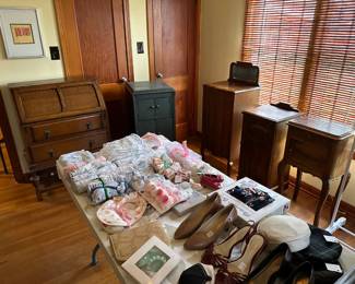 Antique Desk, Side Cabinets and Miscellaneous Clothing