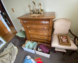 Oak dresser 5 drawer and occasional chair with foot rest