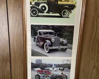 Framed vintage car photos including at the top the 1931 Model A Ford Pickup ruck in this sale