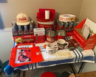 Tray, apron, ball cap, mini fridge, waste basket, metal coke bottle set, Soda Jerk hat