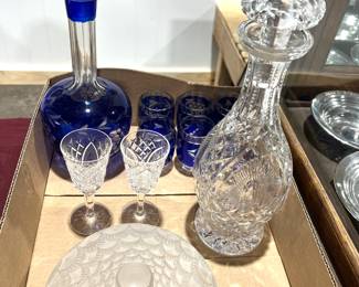 Cobalt cut to clear czech glass decanter sets