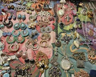 Tons of earrings, rings, necklaces etc..all sterling with semi precious stones and some 14kt hoops-3 pair
