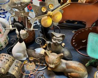 Cat figurines, banks, lidded trinket boxes, etc.