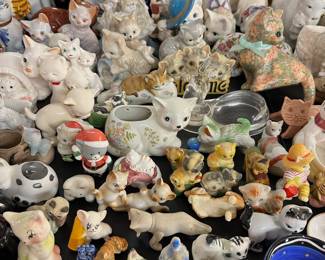 Cat figurines, banks, lidded trinket boxes, etc.