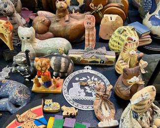 Cat figurines, banks, lidded trinket boxes, etc.