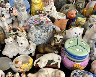 Cat figurines, banks, lidded trinket boxes, etc.