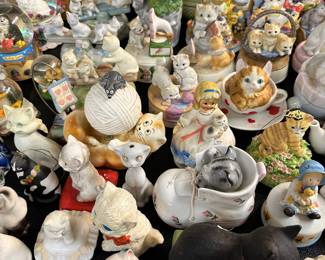 Cat figurines, banks, lidded trinket boxes, etc.