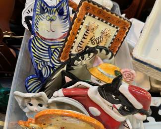 Cat figurines, banks, lidded trinket boxes, etc.