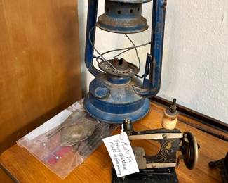 German mini toy sewing machine and vintage lamp wind chime