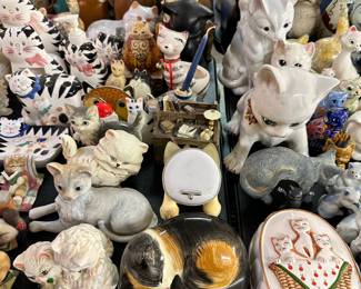 Cat figurines, banks, lidded trinket boxes, etc.