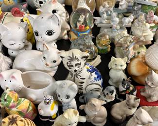 Cat figurines, banks, lidded trinket boxes, etc.