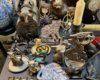 Cat figurines, banks, lidded trinket boxes, etc.