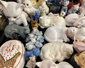 Cat figurines, banks, lidded trinket boxes, etc.
