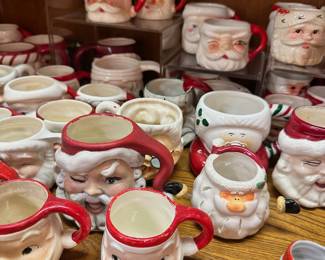 Santa mugs (some vintage, several Holt Howard, many made in Japan)