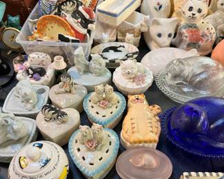 Cat figurines, banks, lidded trinket boxes, etc.