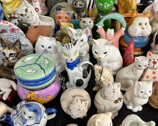 Cat figurines, banks, lidded trinket boxes, etc.