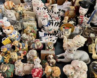 Cat figurines, banks, lidded trinket boxes, etc.