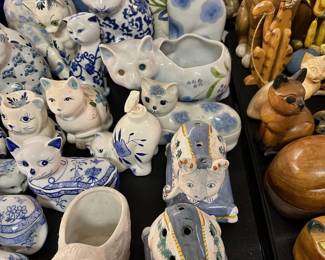 Cat figurines, banks, lidded trinket boxes, etc.