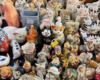 Cat figurines, banks, lidded trinket boxes, etc.