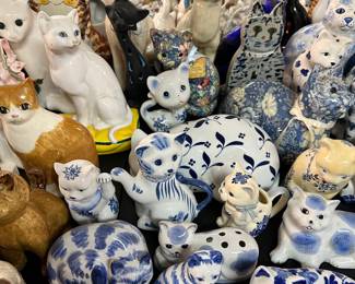 Cat figurines, banks, lidded trinket boxes, etc.