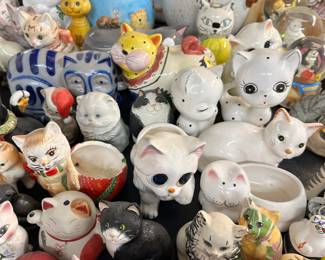Cat figurines, banks, lidded trinket boxes, etc.