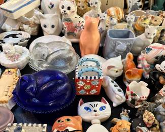 Cat figurines, banks, lidded trinket boxes, etc.