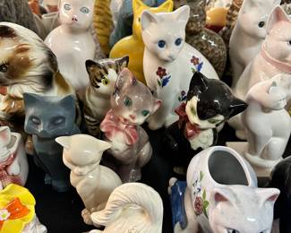 Cat figurines, banks, lidded trinket boxes, etc.